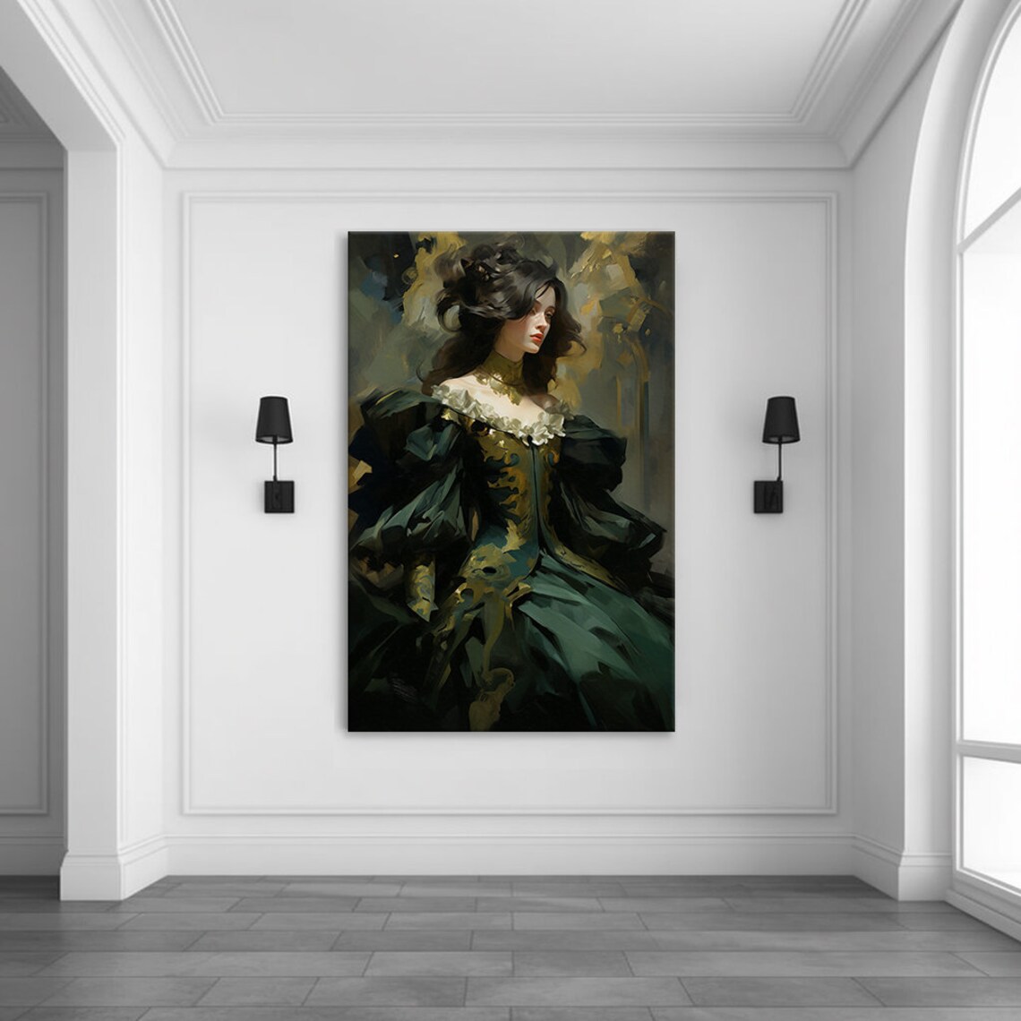 Elegant Lady in Green Gold Victorian Gown Regal Beauty Painting Poster - Image 3