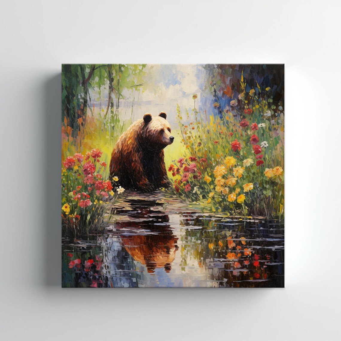 Brown Bear in Flowers by the River, Painting Print - Image 3