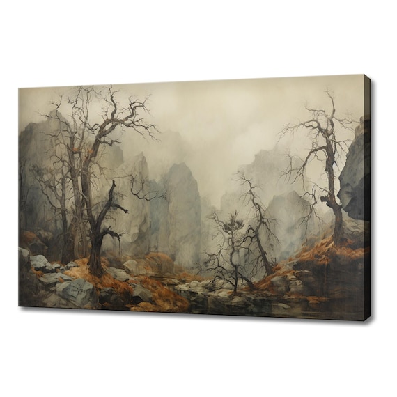 Misty Spooky Forest Bare Trees Rocky Cliffs Foggy Landscape Poster