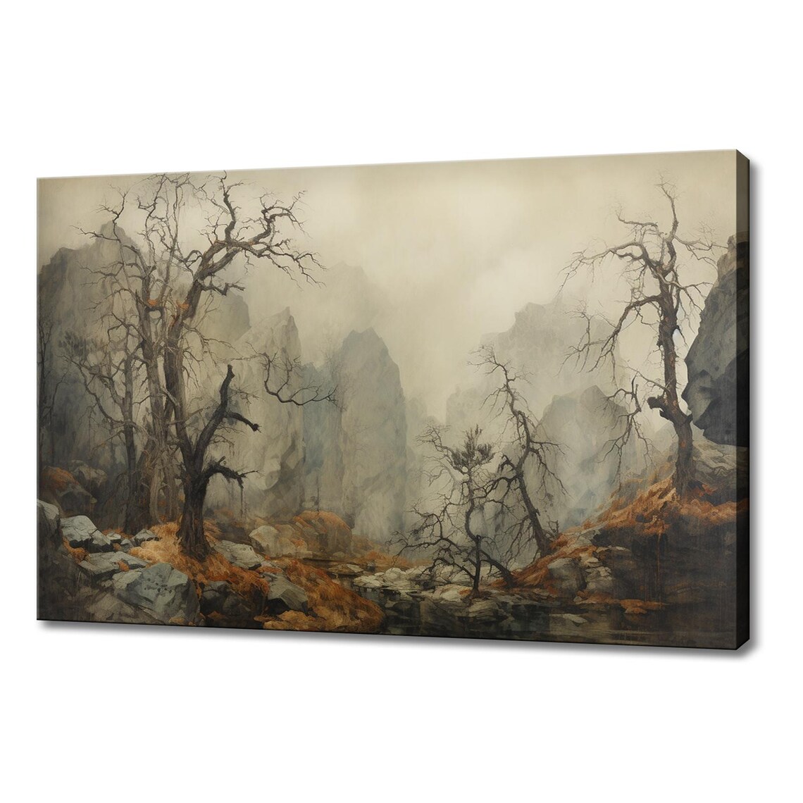 Misty Spooky Forest Bare Trees Rocky Cliffs Foggy Landscape Poster