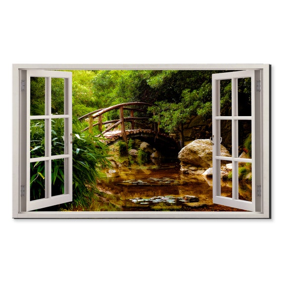 Bridge Over Water In Japanese Garden Window View Window Frame Style Modern Design Home Decor Print Wall Art Picture Ready To Hang