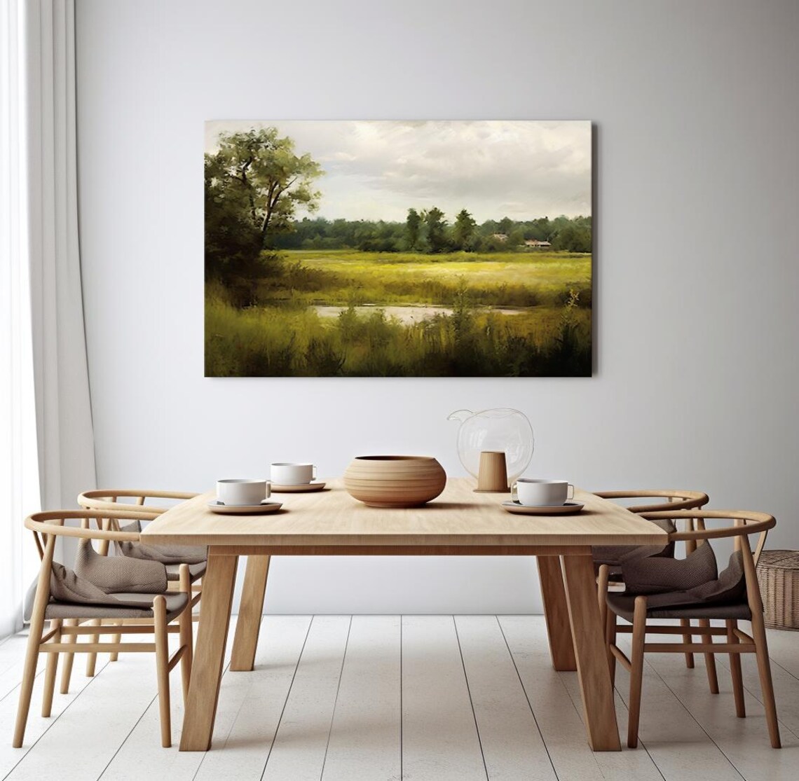 Vintage Landscape Green Grass Field Countryside Painting Style Print Farmhouse Decor Art Nature Picture Wall Hanging Fine Art Print - Image 3