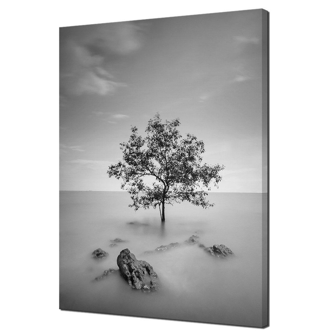 Lonely Tree Standing In Sea Water Black White Minimalist Travel Poster