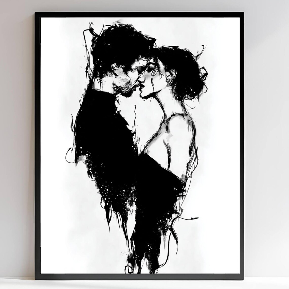 Romantic Ink Couple Kiss Passionate Black White Sketch Love Art Poster
