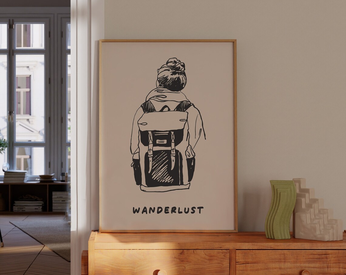 Wanderlust Traveler Backpack Sketch Minimalist Travel Wall Art
