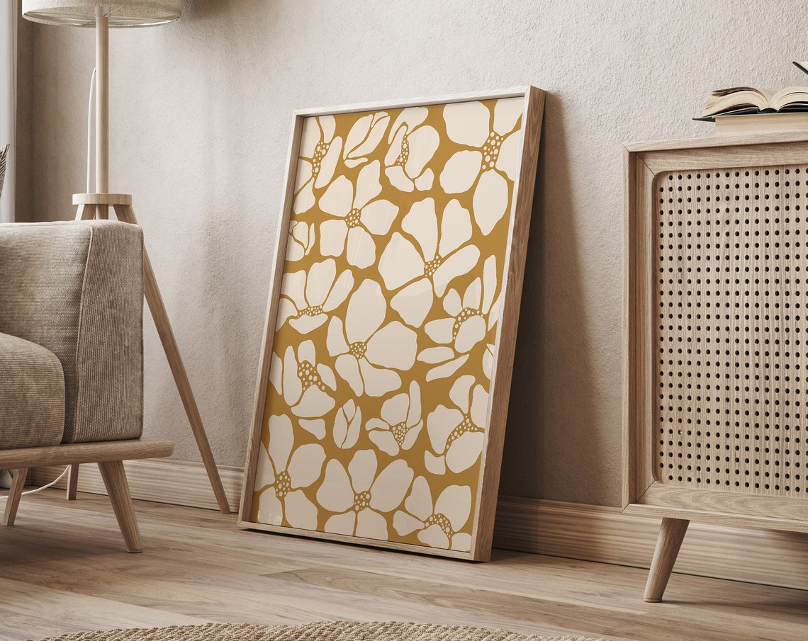 Abstract Floral Wall Art Mustard Yellow Decor Print Boho Botanical Art Muted Nursery Print 1593