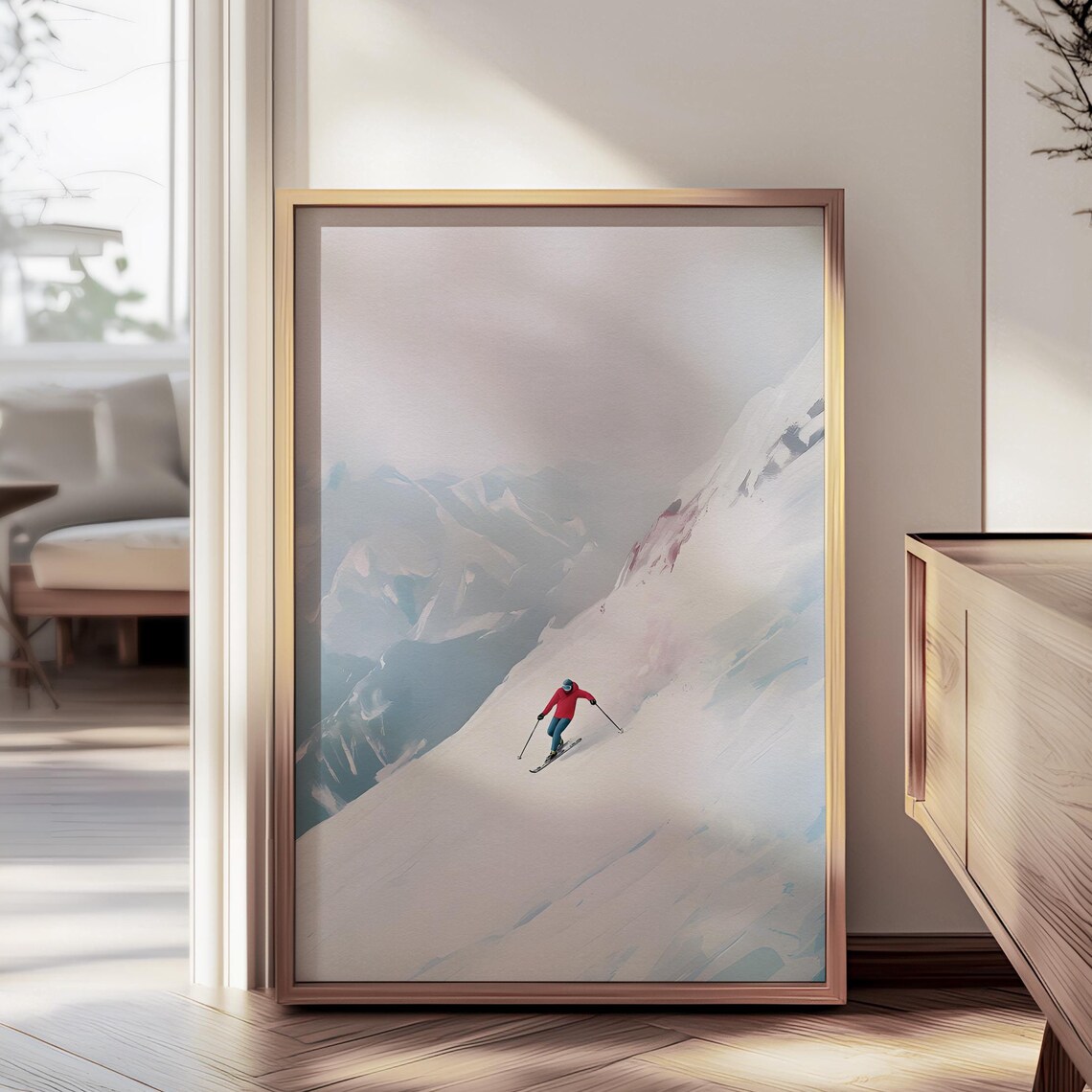 Pastel Mountain Skier Snowy Alpine Slope Serene Winter Poster
