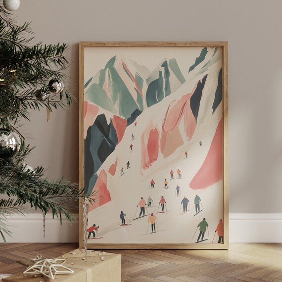 Skiing Minimalist Winter Decor, Mountain Lovers Art Print