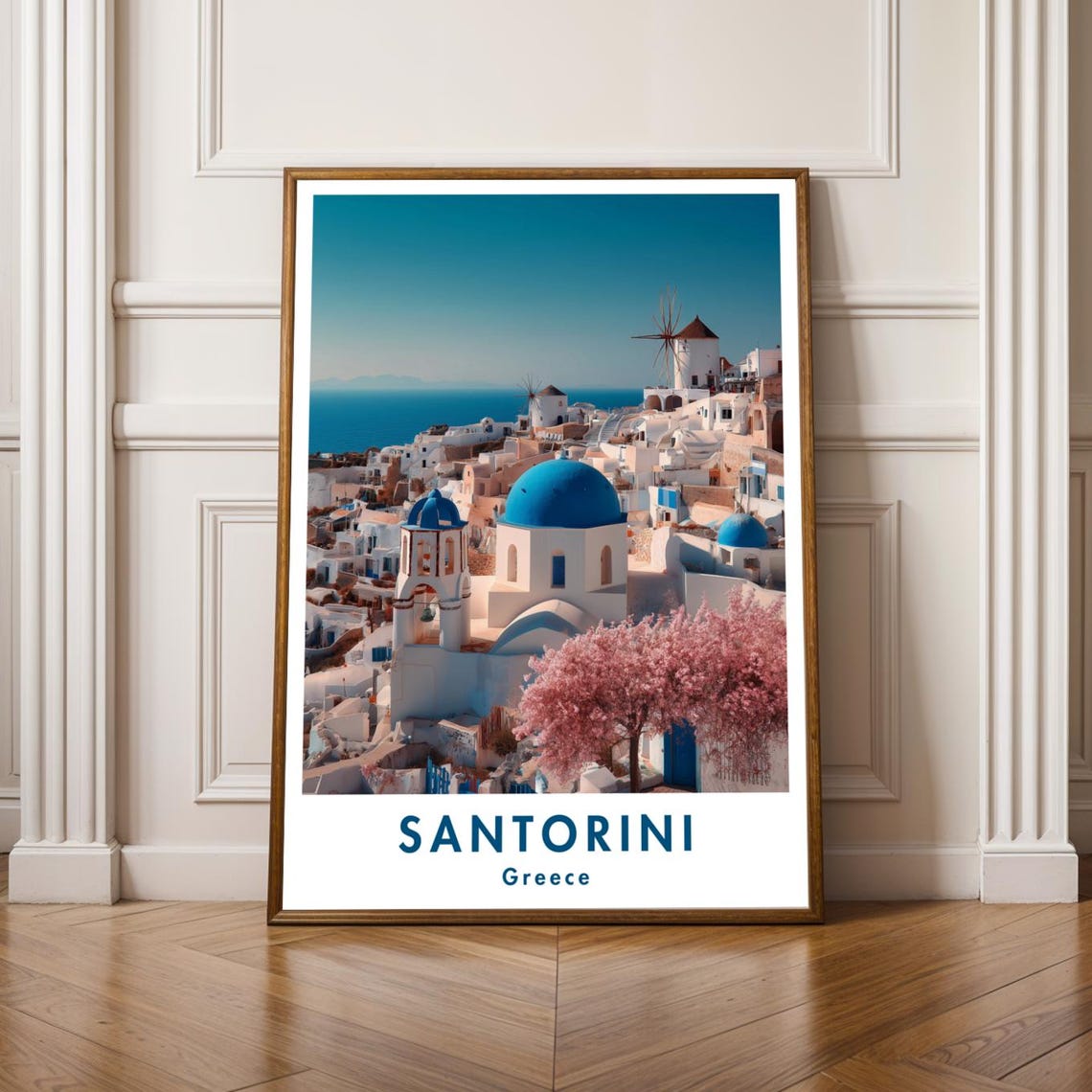 Santorini Blue Domes Pink Blossom Trees Greece Spring Travel Poster