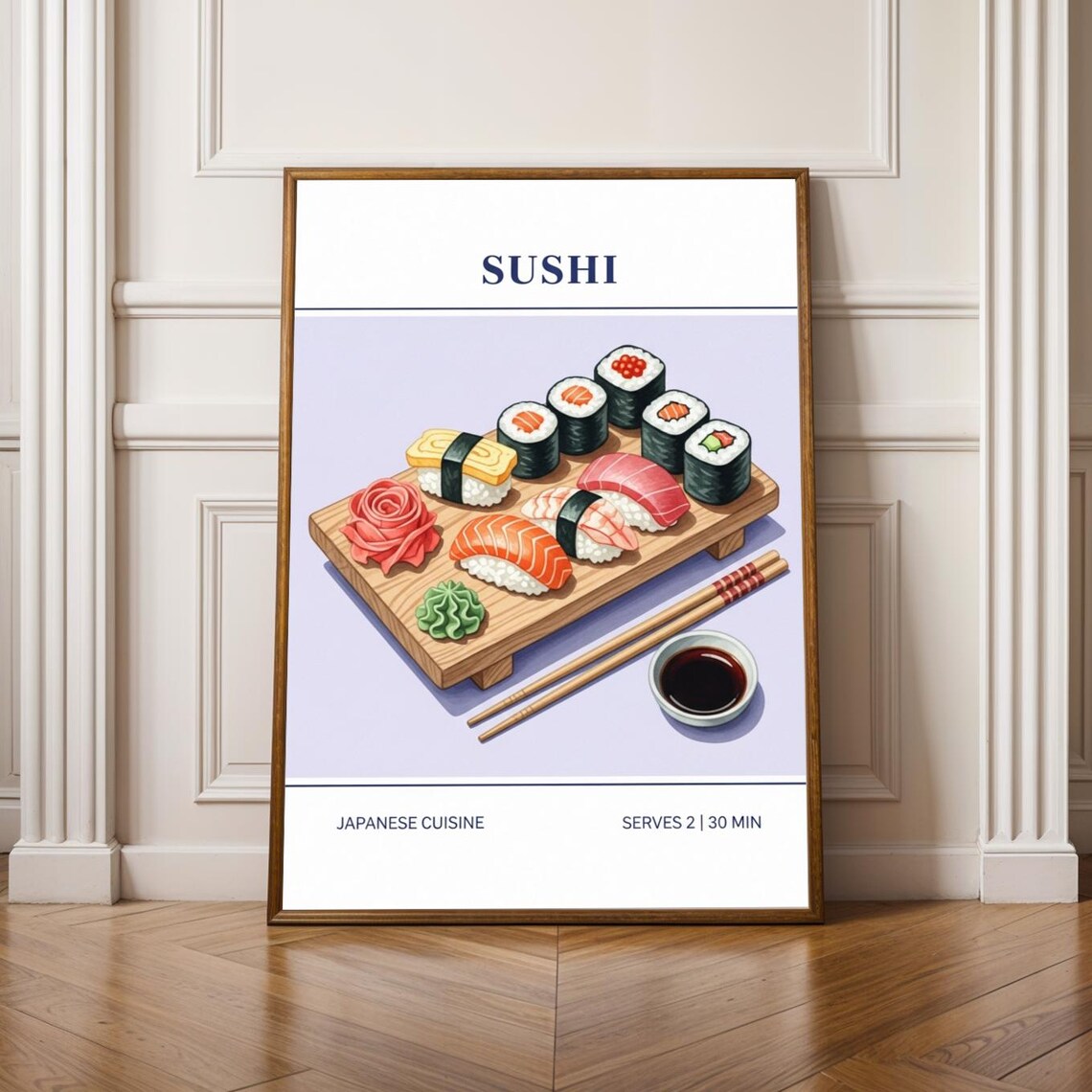 Sushi Platter Wooden Board Illustrated Japanese Cuisine Art Poster