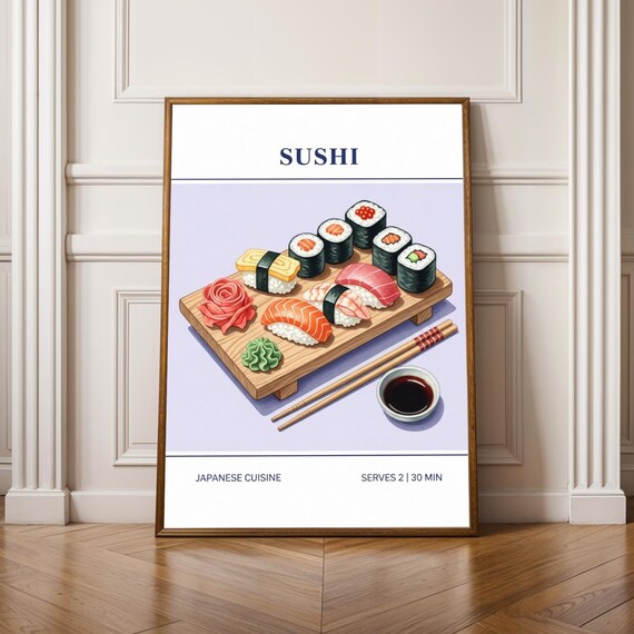 Sushi Platter Wooden Board Illustrated Japanese Cuisine Art Poster