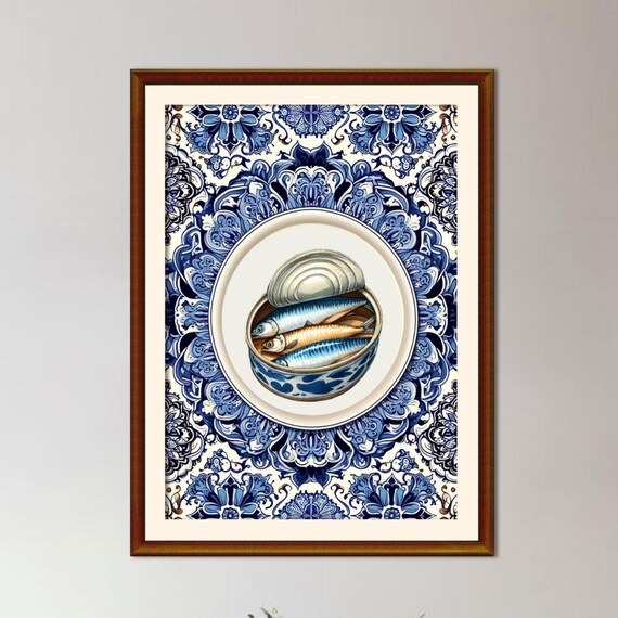 Sardine Tin On Blue Portuguese Tile Pattern Kitchen Gourmet Poster