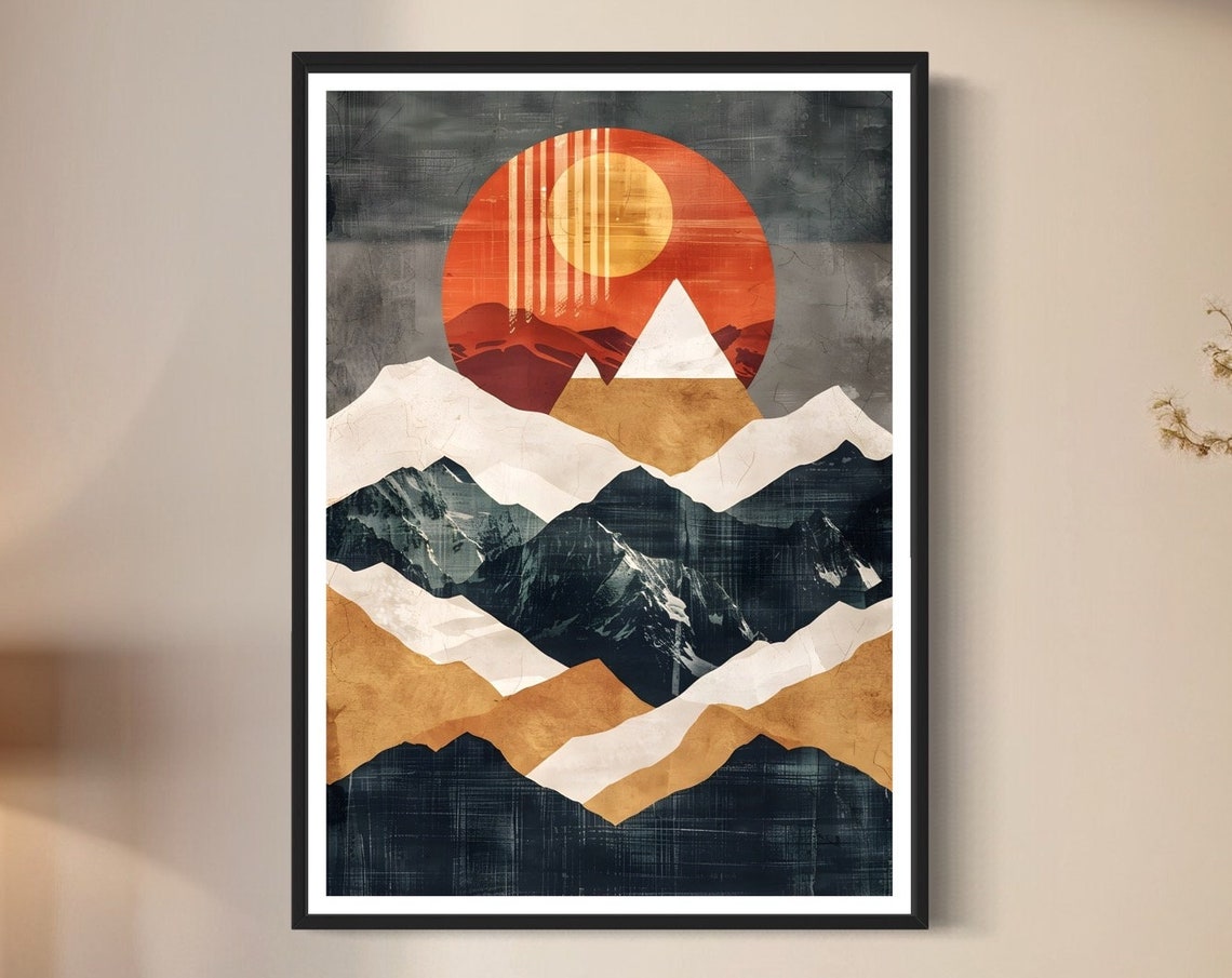 Geometric Layered Mountain Peaks Rising Sun Boho Modern Art Print