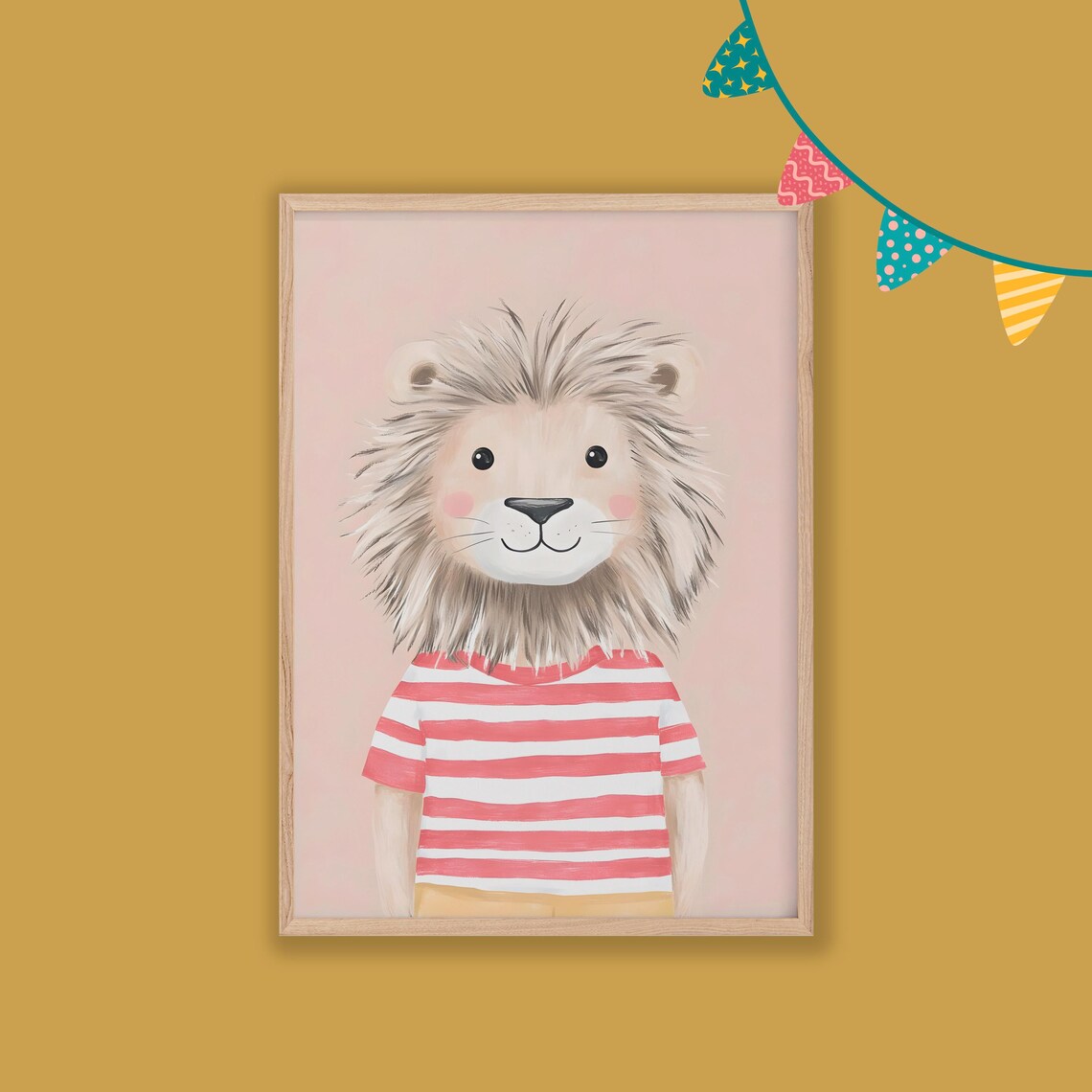 Lion in Red Striped Shirt Watercolor Nursery Kids Room Poster