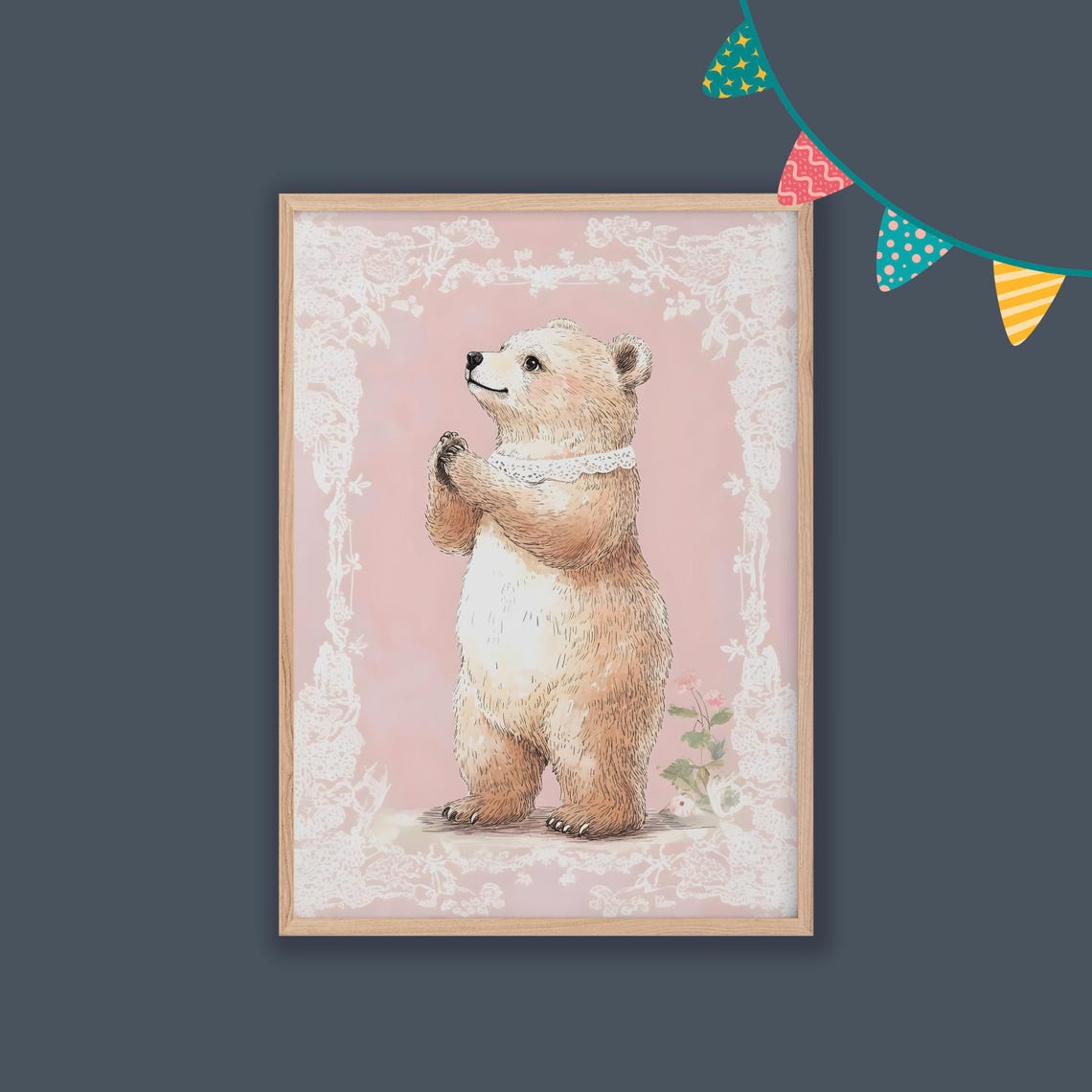 Standing Brown Bear with Lace Collar Pink Vintage Nursery Poster - Image 2
