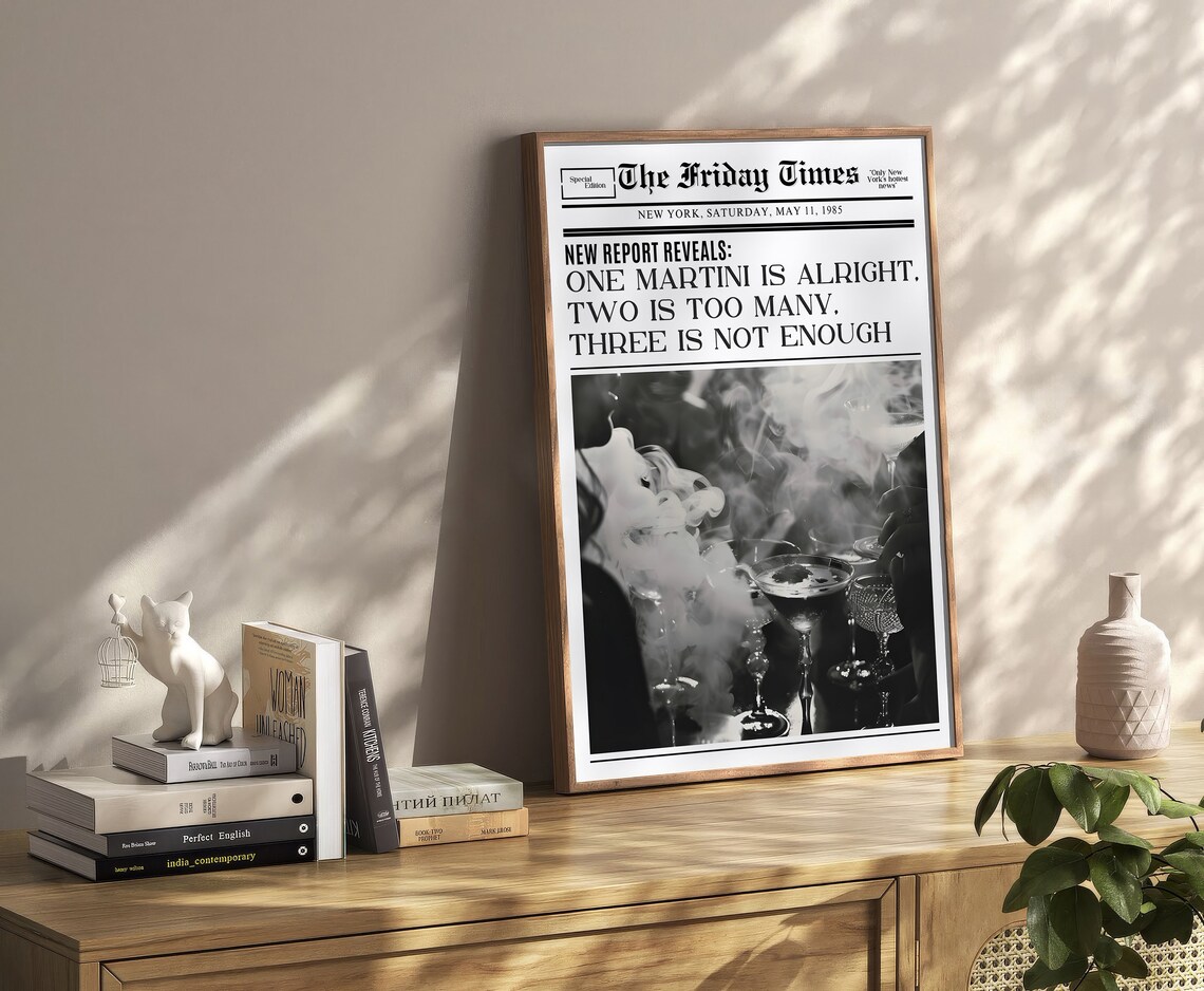 Funny Martini Newspaper Headline Bar Cart Humor Decor Wall Art - Image 2