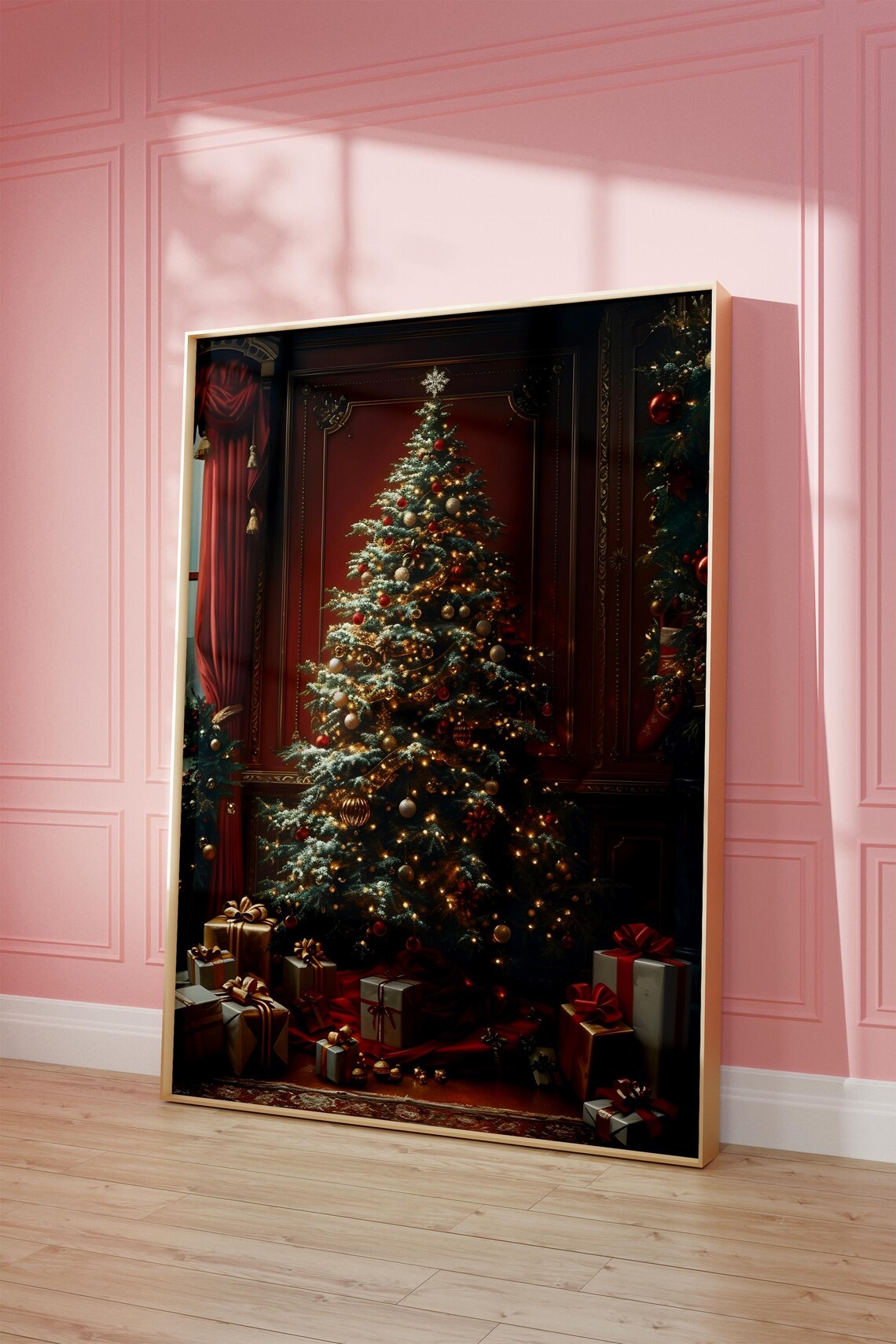 Christmas Tree In Elegant Red Room With Gifts Vintage Holiday Poster - Image 3