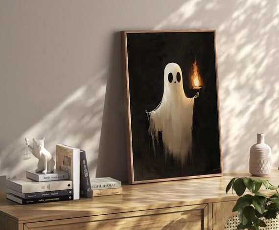 Halloween Ghost Holding Candle Vintage Dark Moody Oil Painting Poster