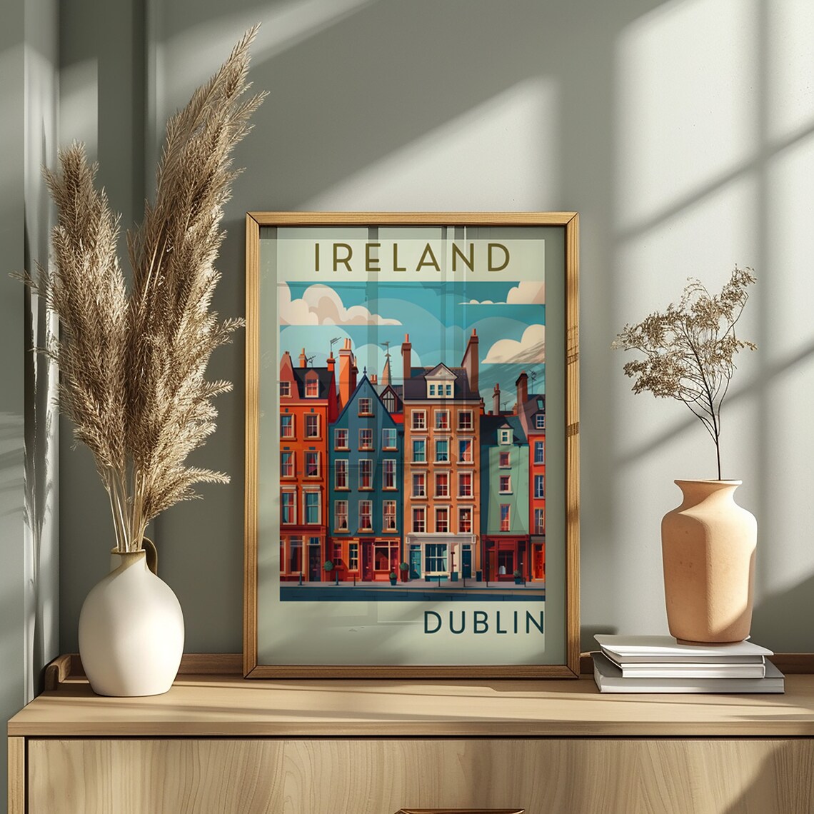 Charming Dublin Ireland Colorful Row Houses Retro Travel Art Poster