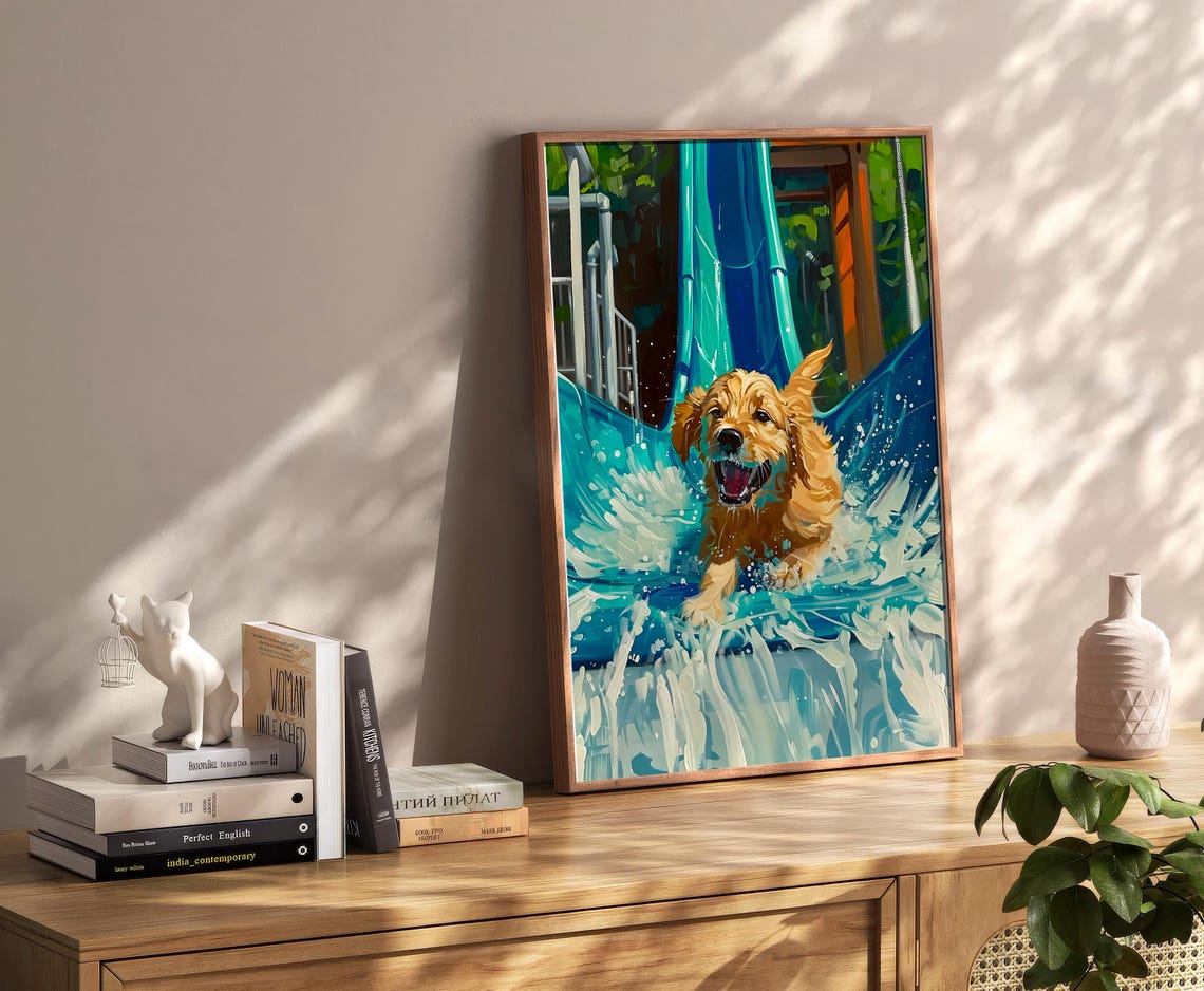 Joyful Golden Retriever Puppy Water Slide Splashing Fun Poster - Image 2