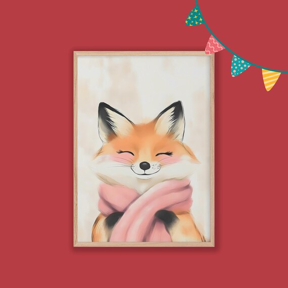 Smiling Red Fox Wearing Pink Scarf Winter Watercolor Nursery Poster