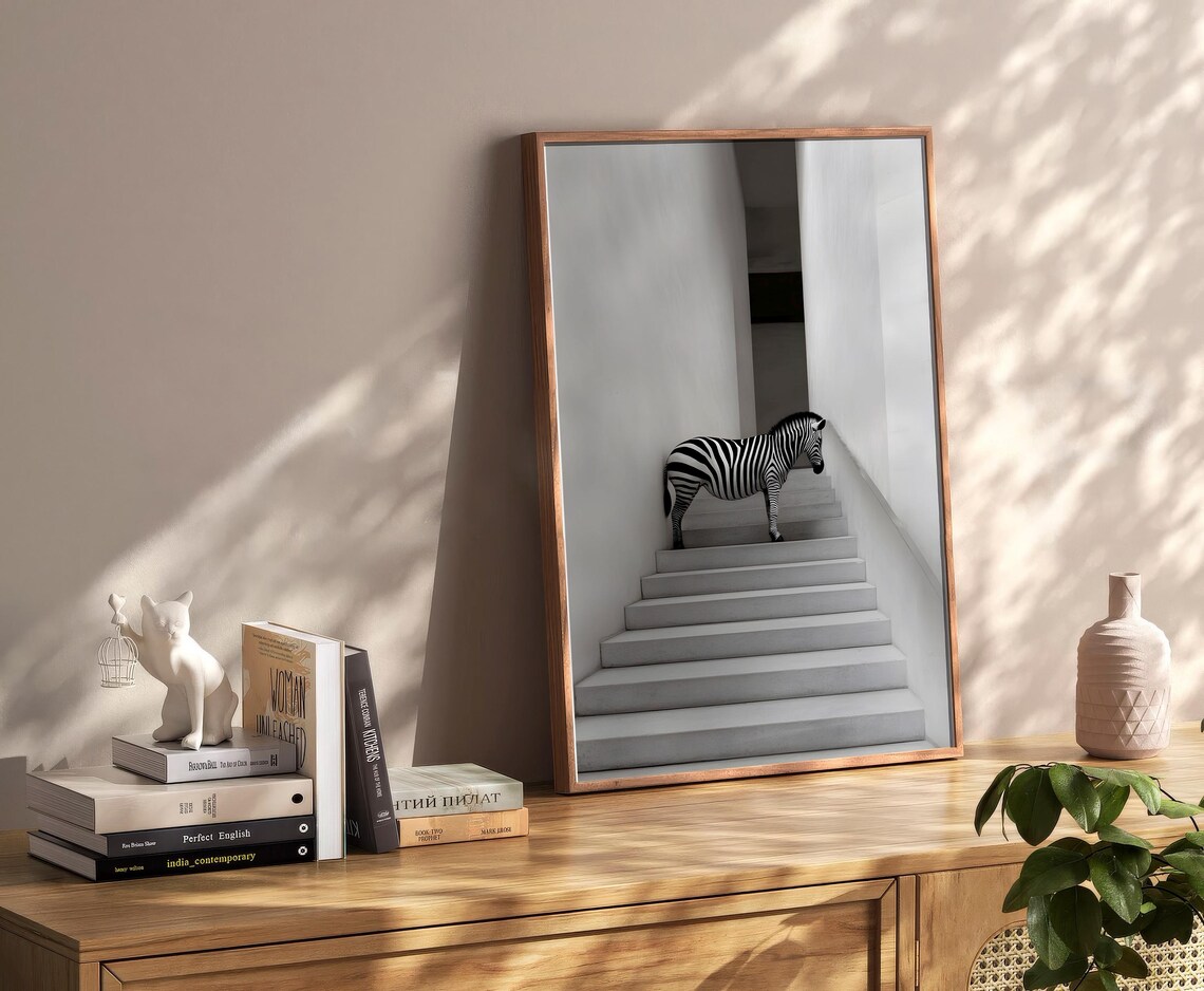 Zebra On Stairs Surreal Black White Minimalist Photo Art Poster - Image 2