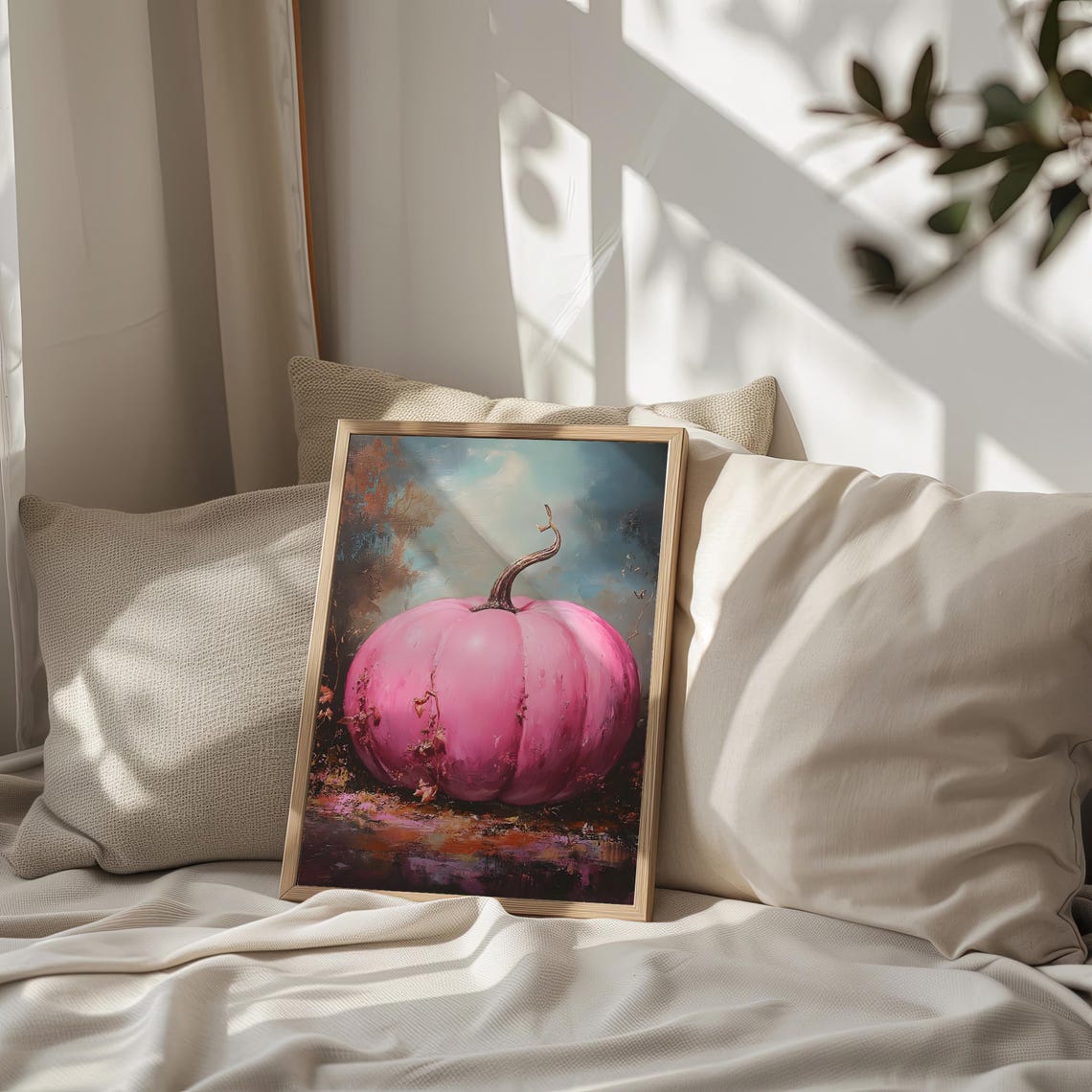 Pink Pumpkin Oil Painting Moody Autumn Vintage Still Life Poster - Image 2