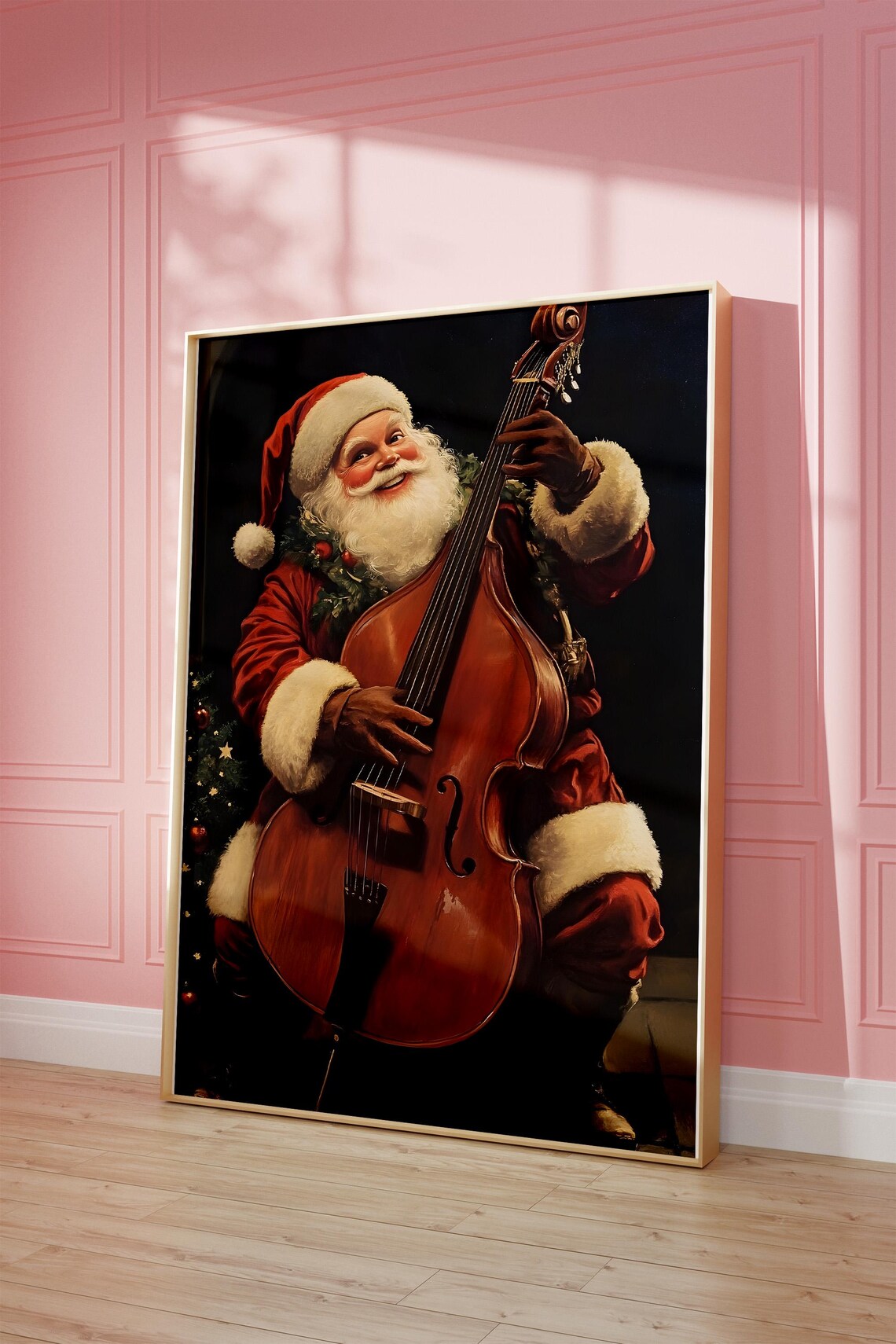 Santa Claus Playing Double Bass Musical Christmas Art Poster - Image 3