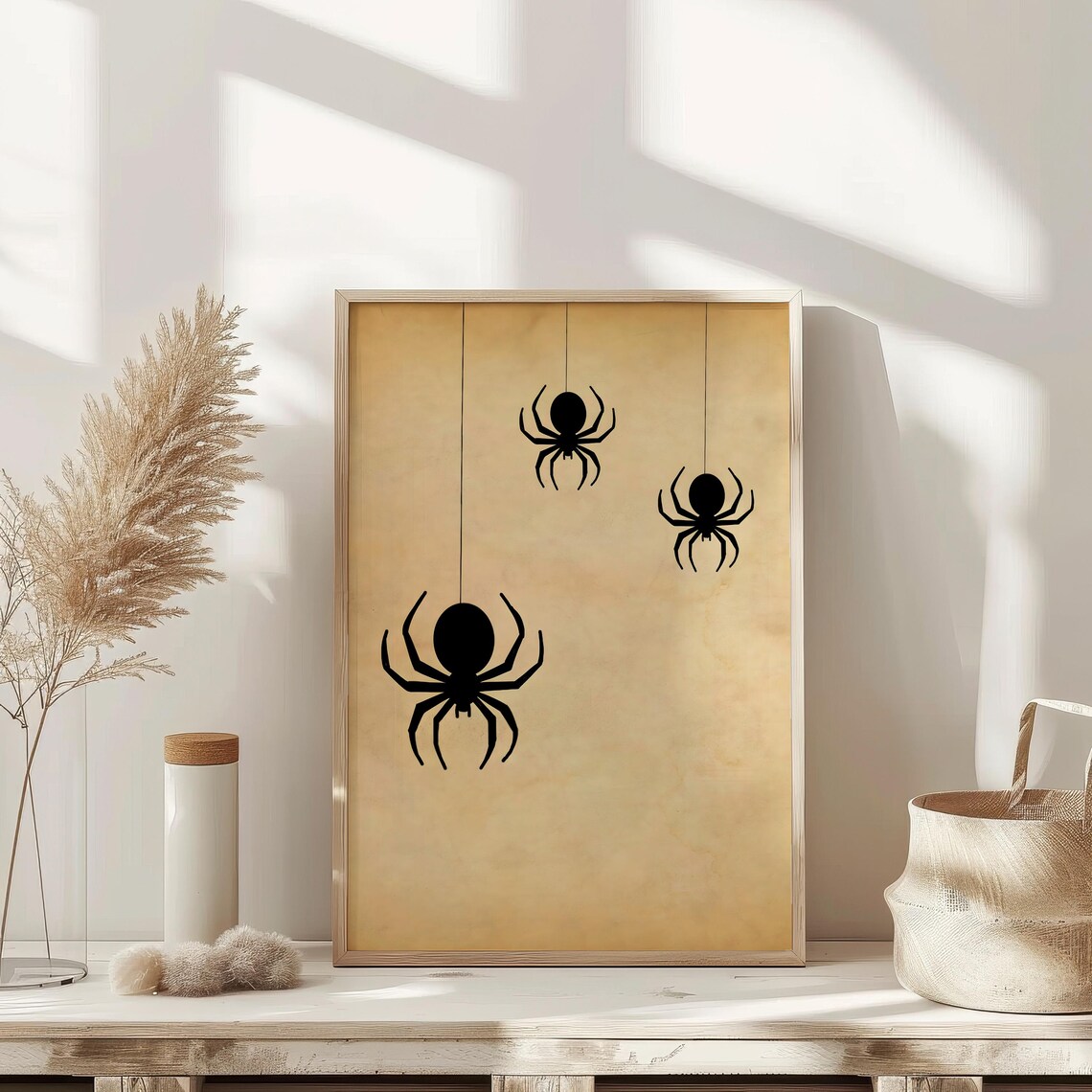 Hanging Black Spiders Vintage Paper Minimal Halloween Art Poster - Image 2