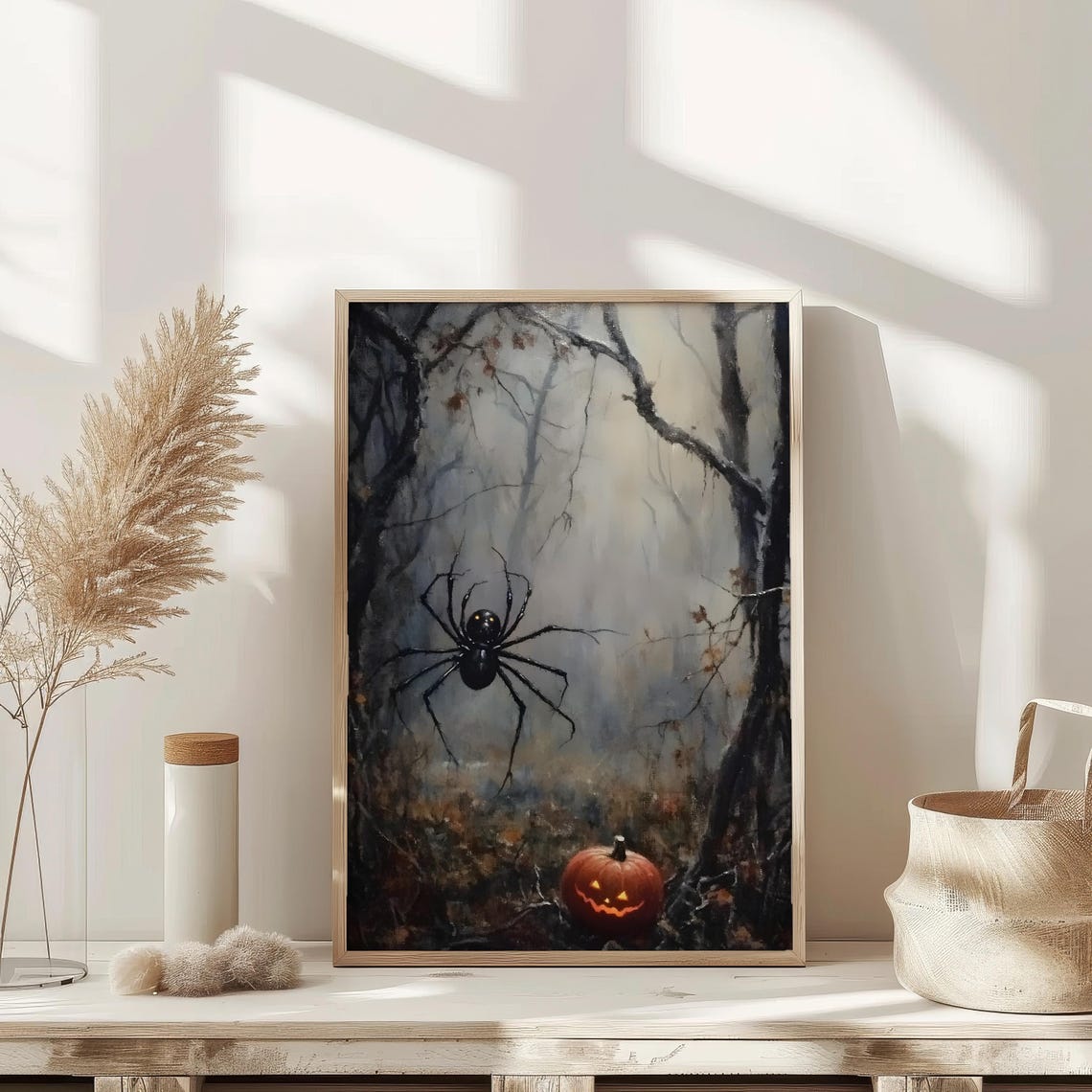 Halloween Spider Dark Forest Jack o Lantern Spooky Vintage Art Poster - Image 2