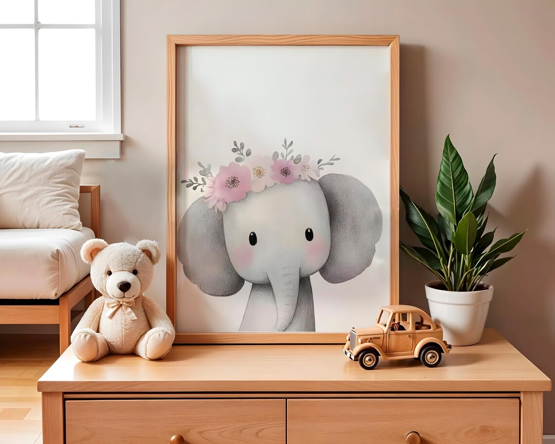 Baby Elephant Flower Crown Pink Floral Watercolor Nursery Poster - Image 2