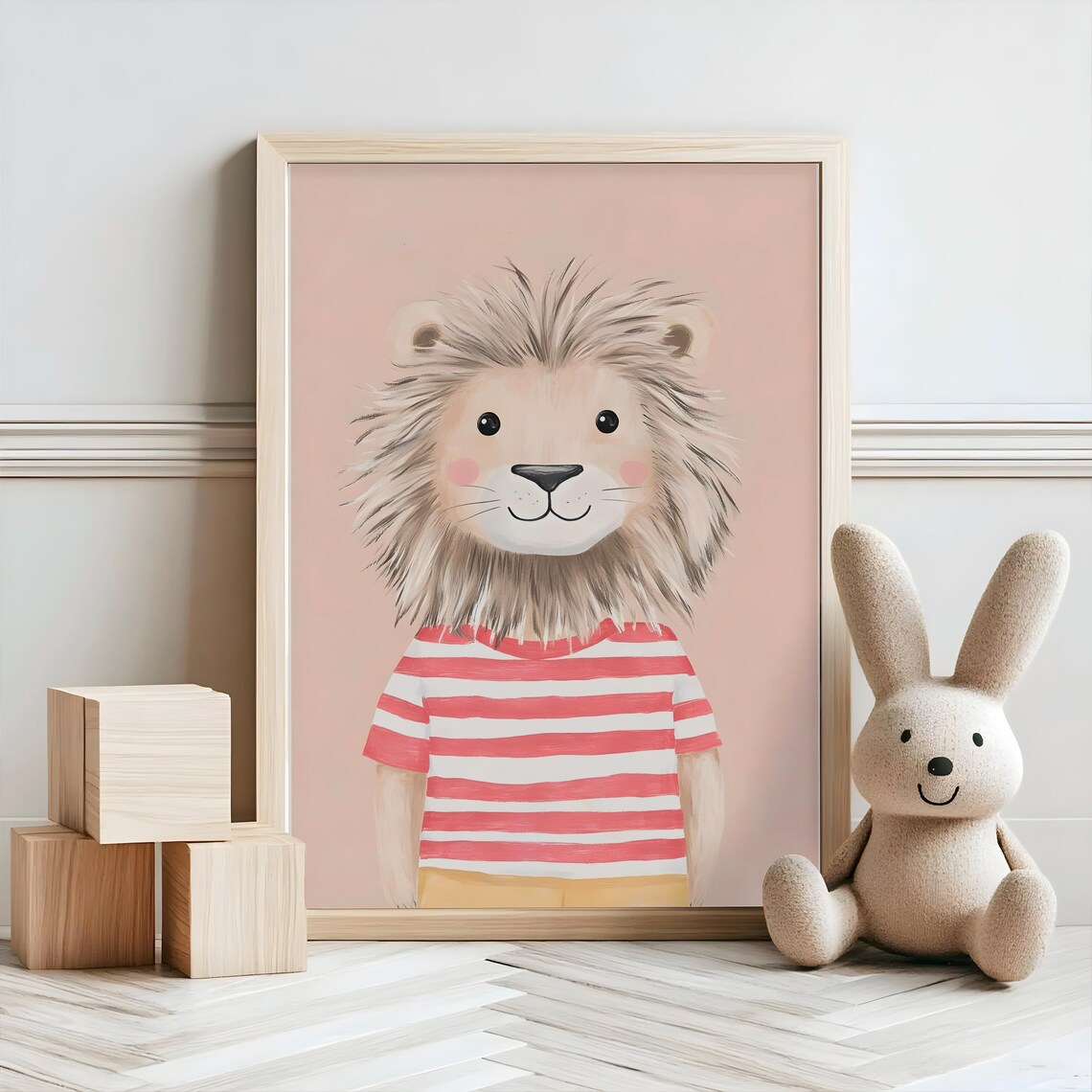 Lion in Red Striped Shirt Watercolor Nursery Kids Room Poster - Image 2