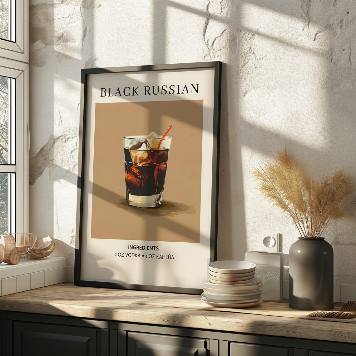 Black Russian Cocktail Recipe Retro Bar Cart Kitchen Wall Art
