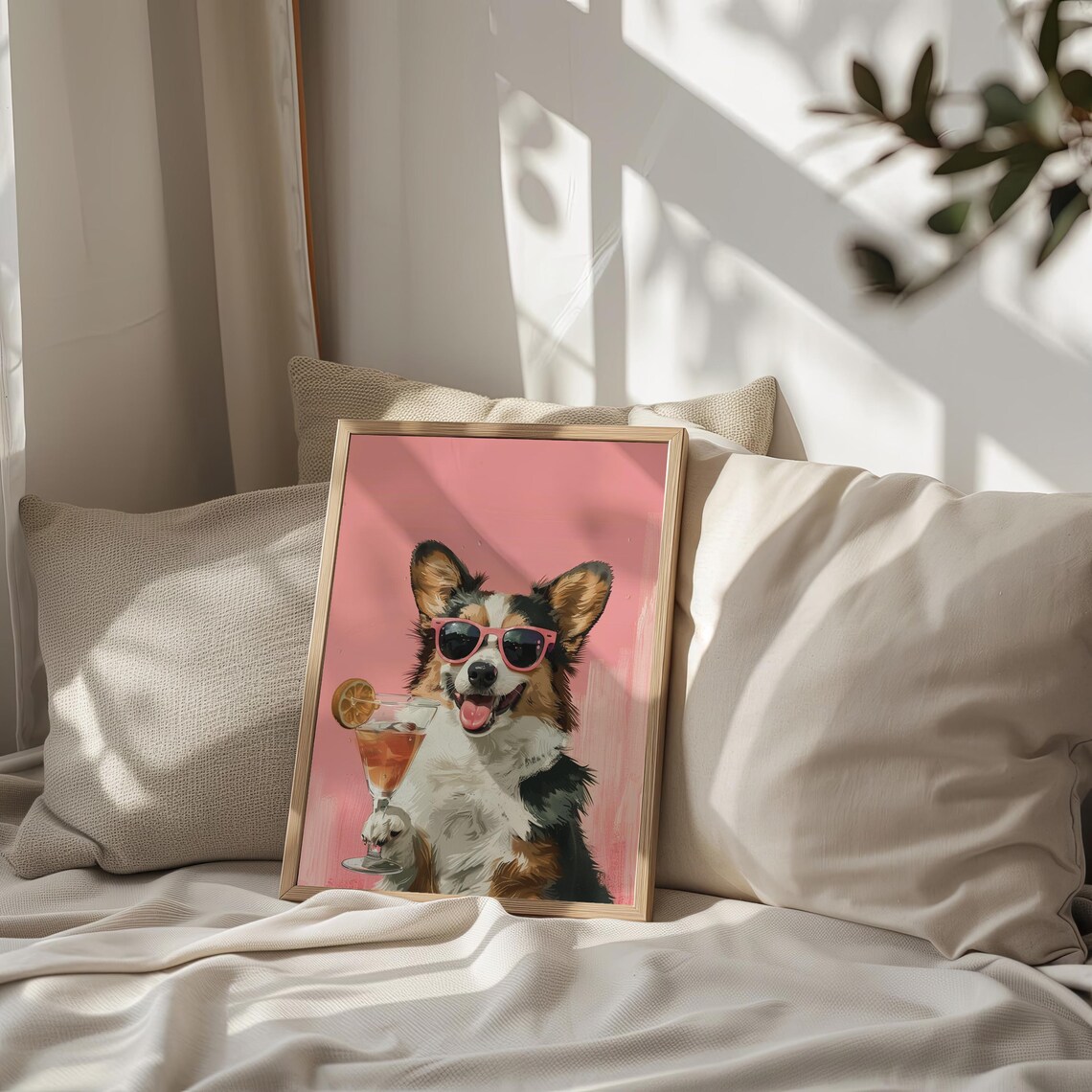 Corgi Dog Pink Sunglasses Cocktail Fun Pop Art Pet Portrait Wall Art - Image 2