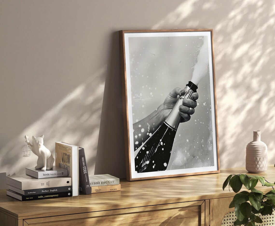 Champagne Bottle Popping Black White Photo Print Celebration