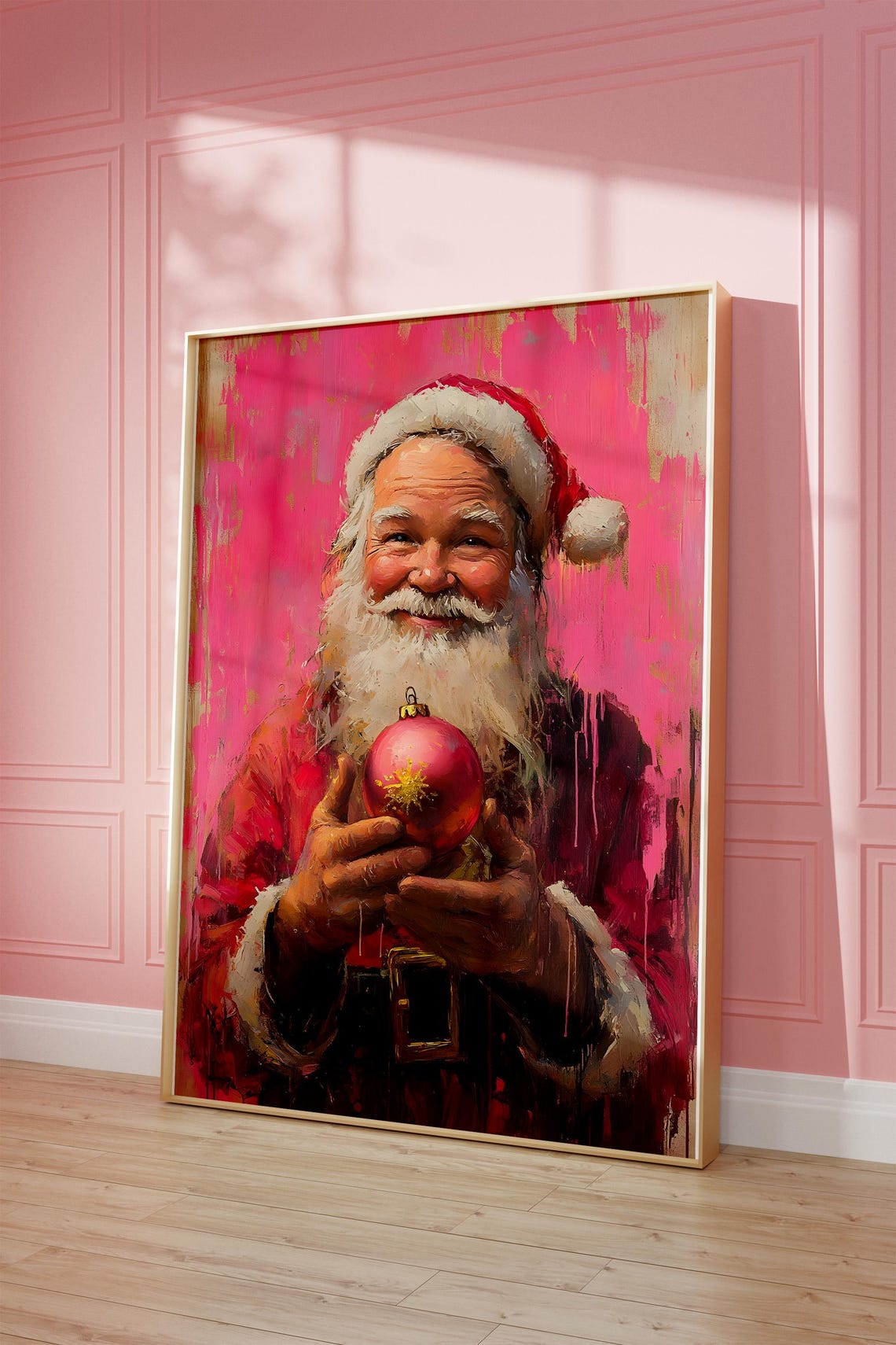 Pop Art Santa Claus Holding Ornament Pink Background Christmas Poster - Image 3