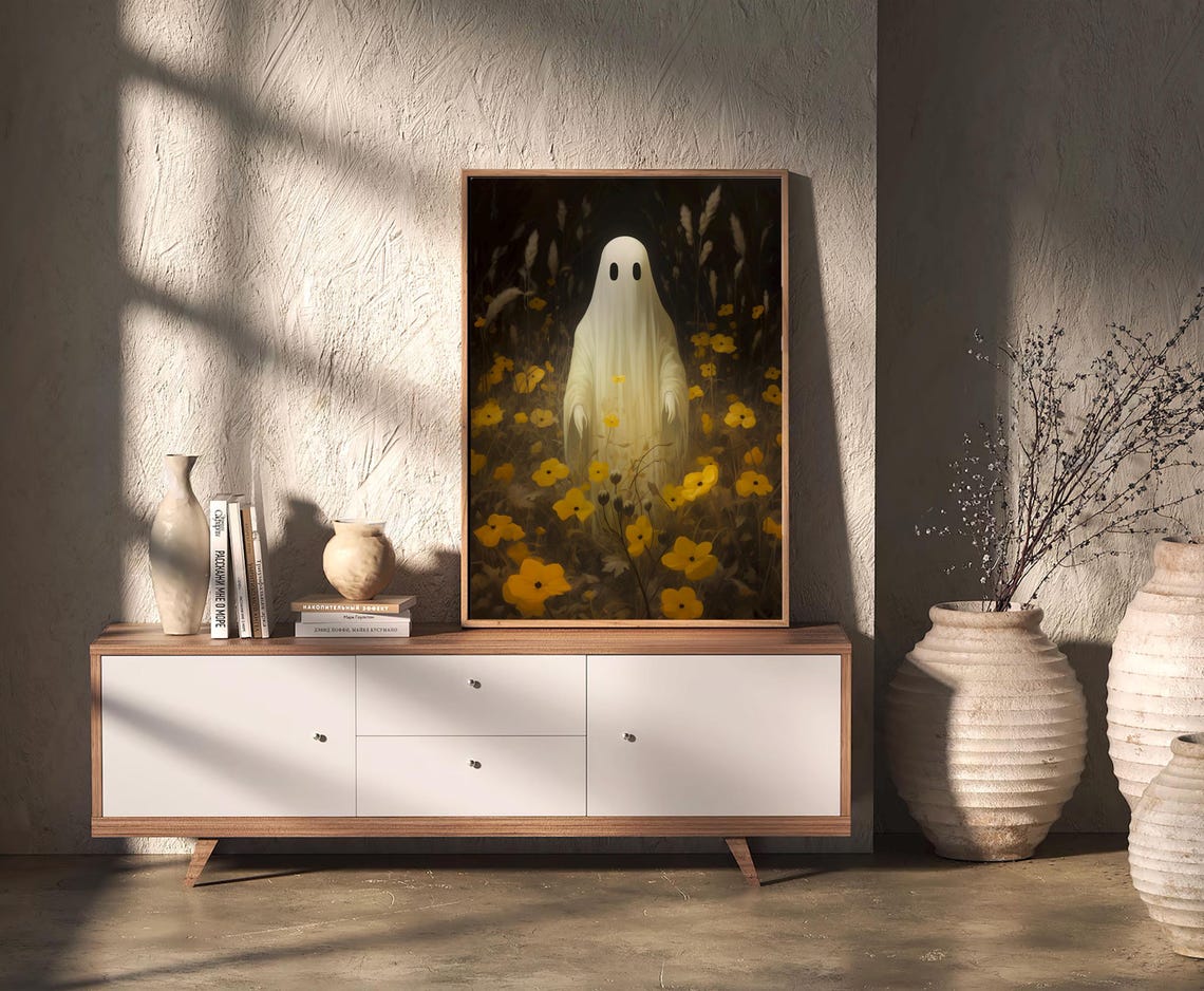 Ghost In Yellow Wildflower Field Dark Moody Halloween Poster - Image 2