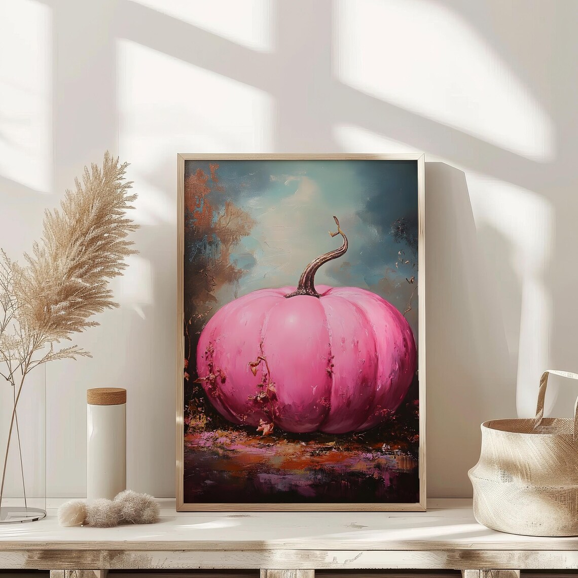Pink Pumpkin Oil Painting Moody Autumn Vintage Still Life Poster - Image 3