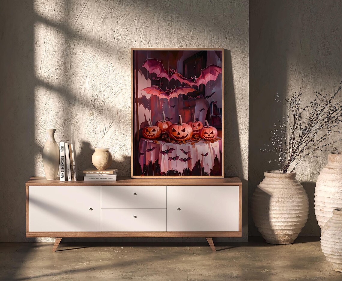 Halloween Bats and Pumpkins Spooky Autumn Vintage Style Art Poster - Image 3