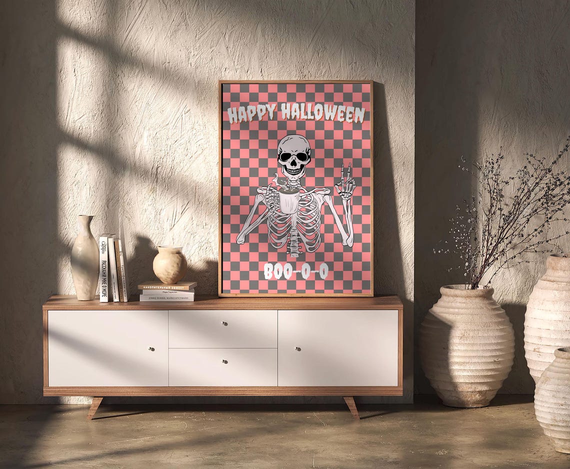 Happy Halloween Skeleton Coffee Checkerboard Retro Spooky Poster - Image 2