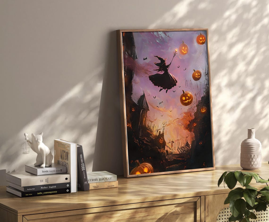 Witch Flying Over Pumpkins Purple Night Sky Dark Academia Art Poster