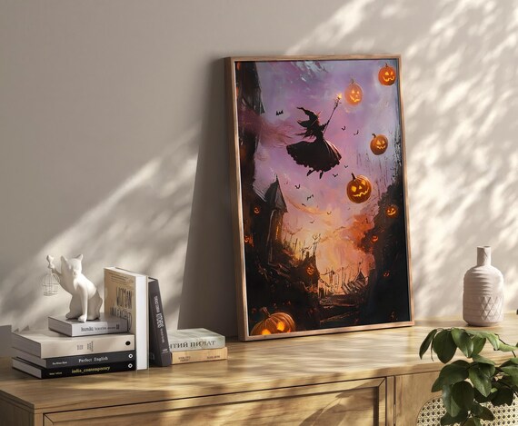 Witch Flying Over Pumpkins Purple Night Sky Dark Academia Art Poster