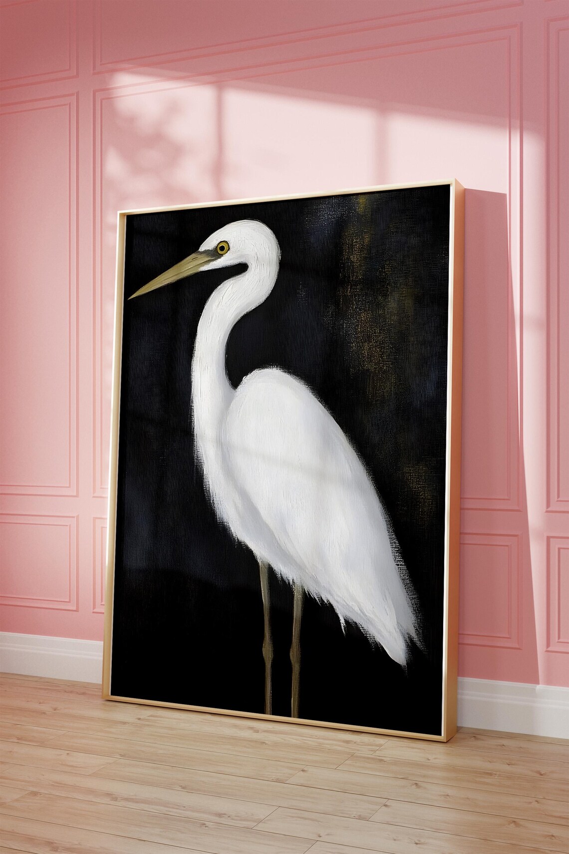 White Egret on Black Elegant Bird Portrait Oil Painting Style Poster