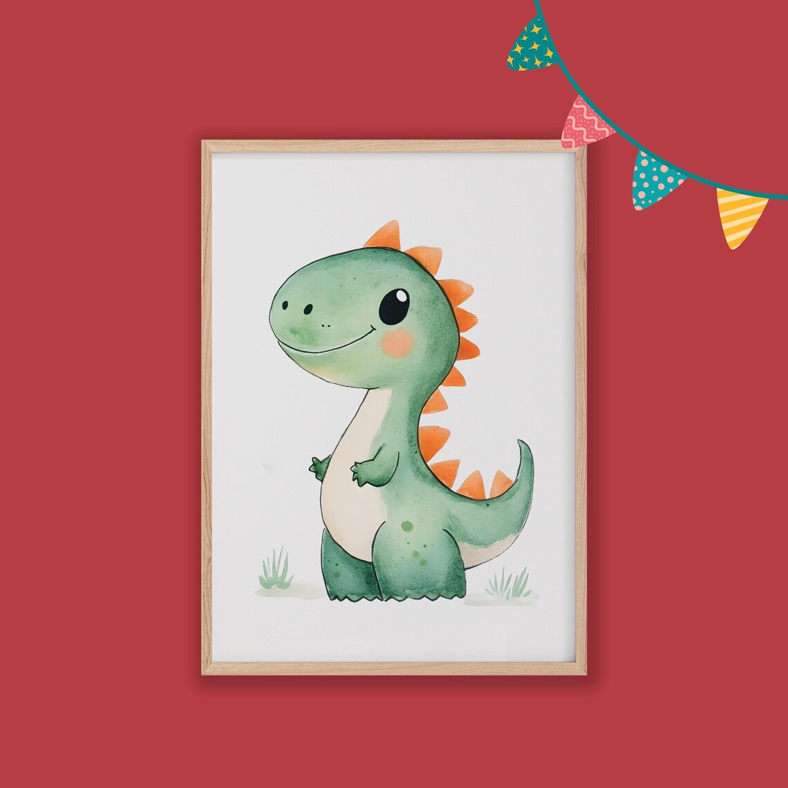 Cute Green Baby Dinosaur Watercolor Nursery Kids Room Wall Poster