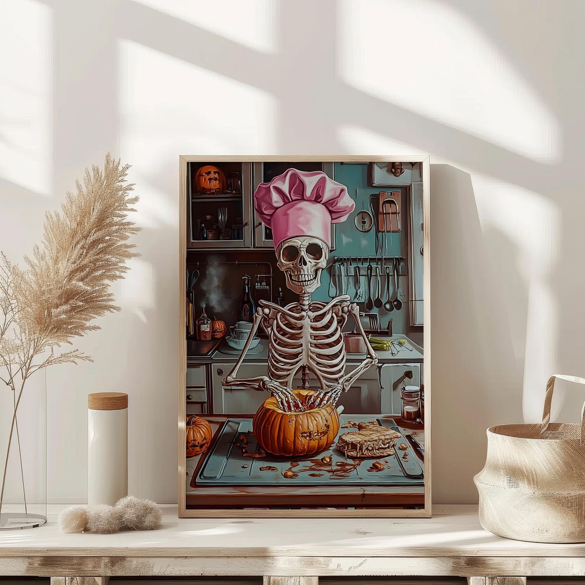 Skeleton Chef Pumpkin Carving Retro Halloween Kitchen Art Poster - Image 2