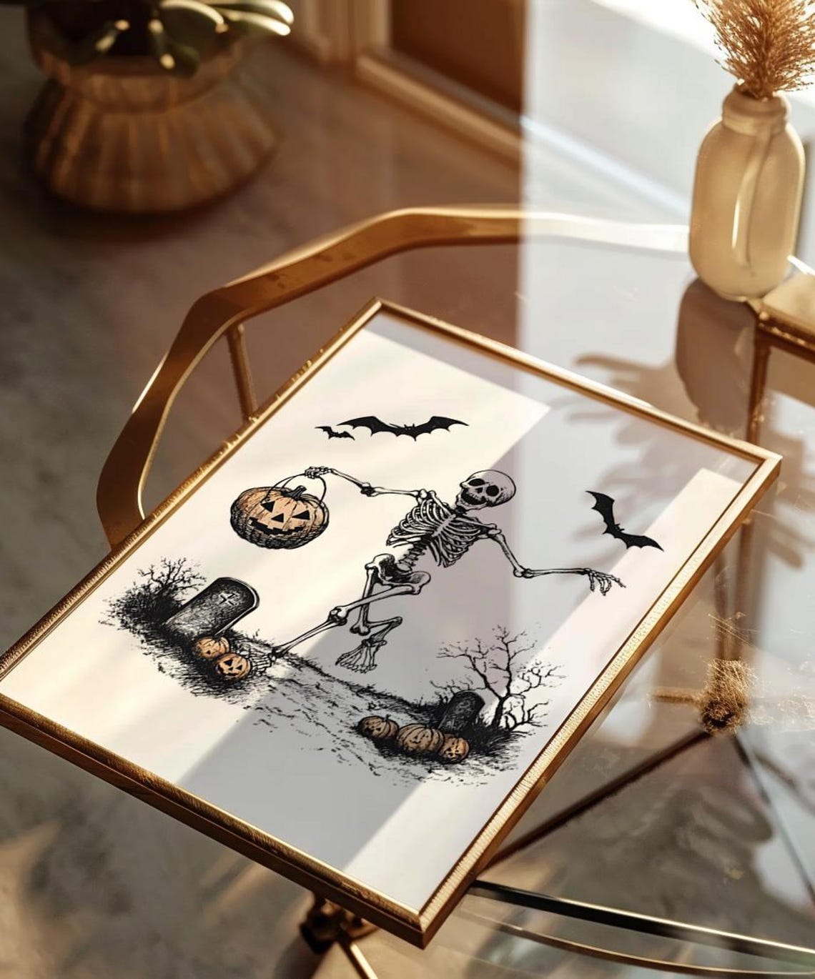 Vintage Dancing Skeleton Jack O Lantern Graveyard Halloween Poster - Image 3