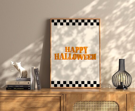Happy Halloween Orange Checkerboard Retro Spooky Season Poster