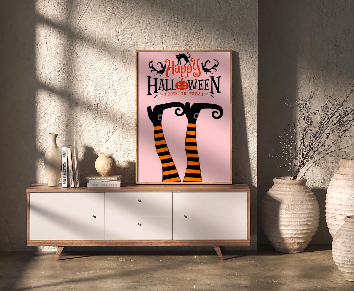 Happy Halloween Trick or Treat Witch Legs Pink Holiday Poster - Image 2