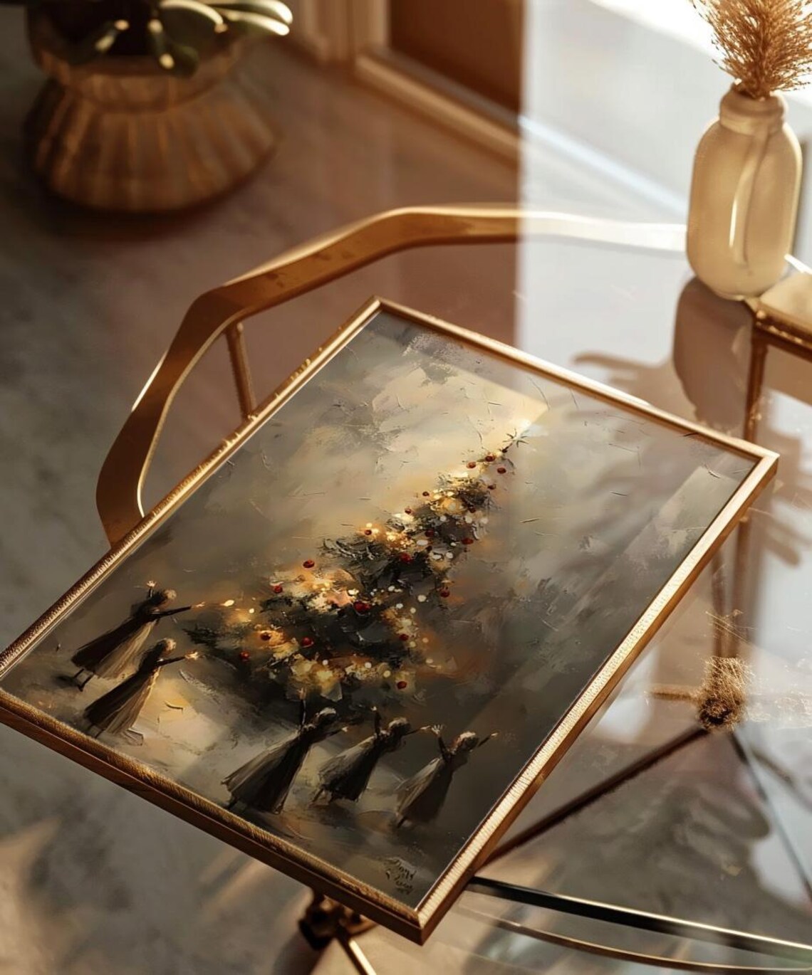 Children Around A Lit Christmas Tree Vintage Holiday Scene Art Poster - Image 2