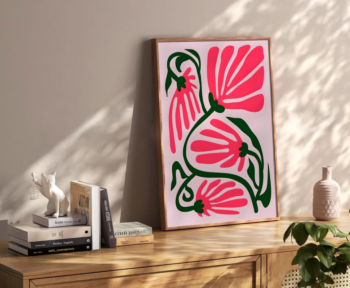 Pink Tropical Flowers Green Vine Abstract Botanical Wall Art - Image 2